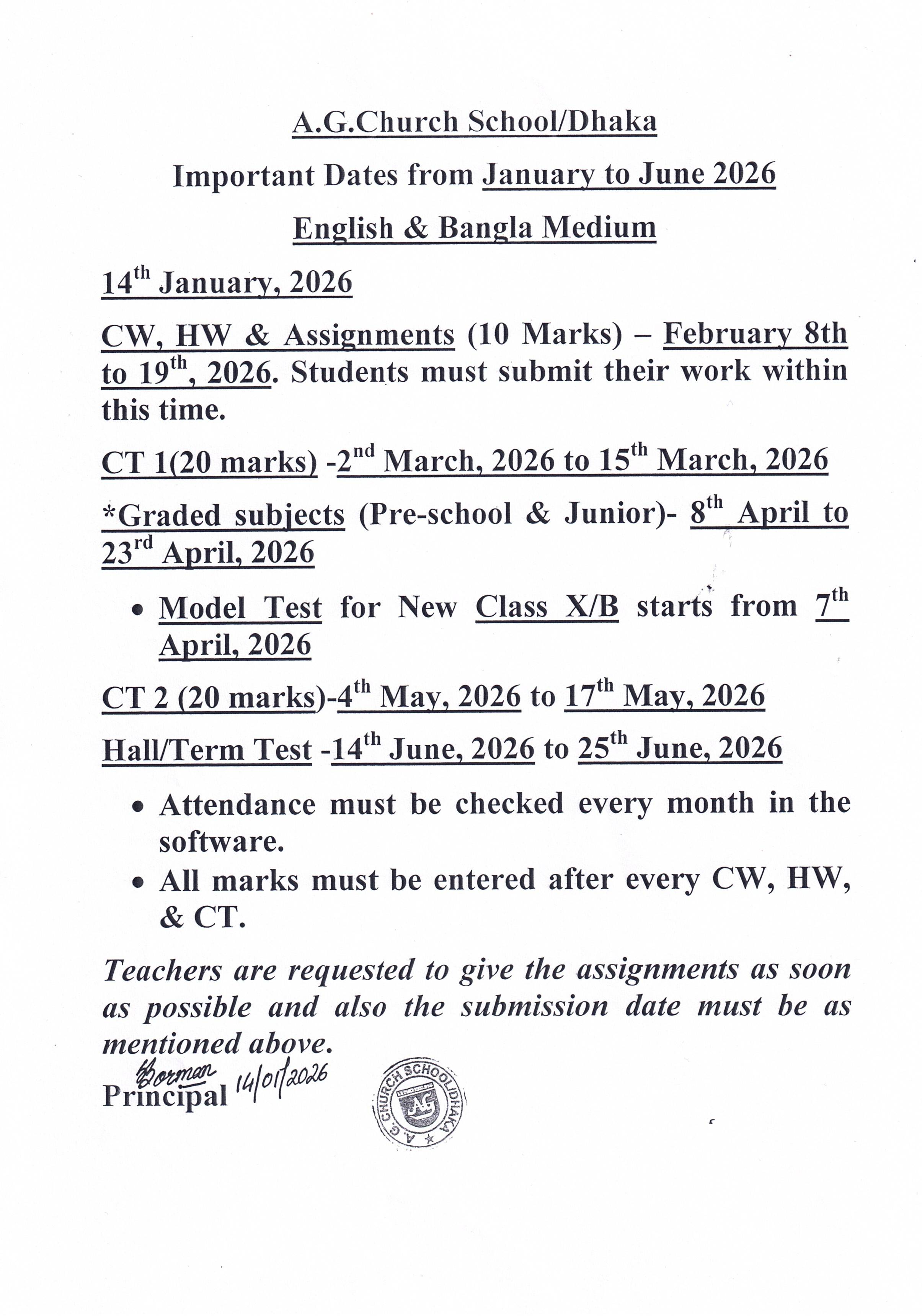 Important Dates from January to June 2026